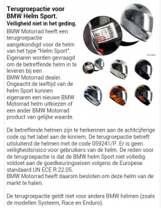 Terughaalactie BMW Motorrad helm Sport