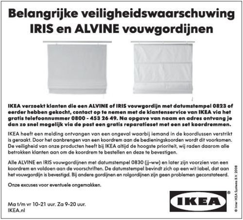 Tether Wortel Golf Veiligheidswaarschuwing IKEA vouwgordijnen