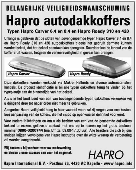 huichelarij Aan boord Koel Veiligheidswaarschuwing Hapro autodakkoffers