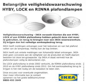 Terughaalactie IKEA plafondlampen LOCK, RINNA en HYBY