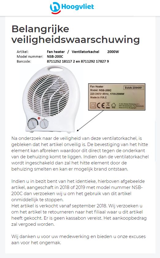 Verdikken Gelukkig De neiging hebben Terugroepactie ventilatorkachel A.I. & E.