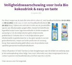 Advertentie terugroepactie Isola Bio dranken Coconut en Easy on Taste