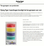 Melding terugroepactie Flying Tiger Copenhagen lichte klei 5 kleuren