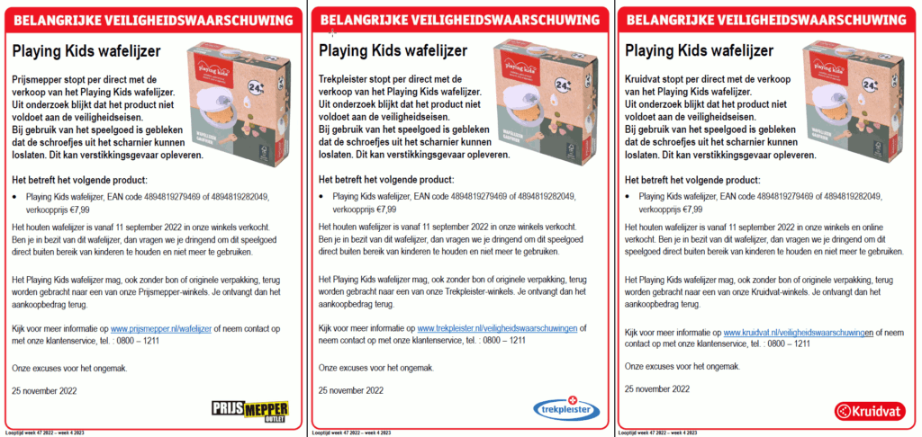 lucht Afkorting dood Melding terugroepactie Playing Kids speelgoed wafelijzer •  Productwaarschuwing.nl